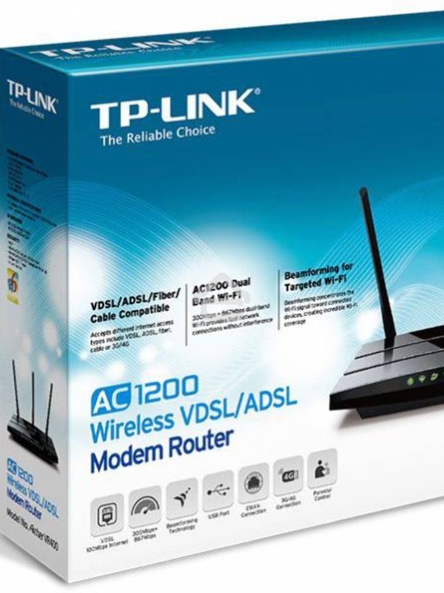 Беспроводный двухдиапазонный TP-Link маршрутизатор с VDSL/ADSL модемом SOHO Archer VR400, 867 Мбит/с + 300 Мбит/с, VDSL2/ADSL2+, Annex A, 4 порта 100 Мбит/с, 1 порт WAN 1000 Мбит/с, 1 порт USB 2.0