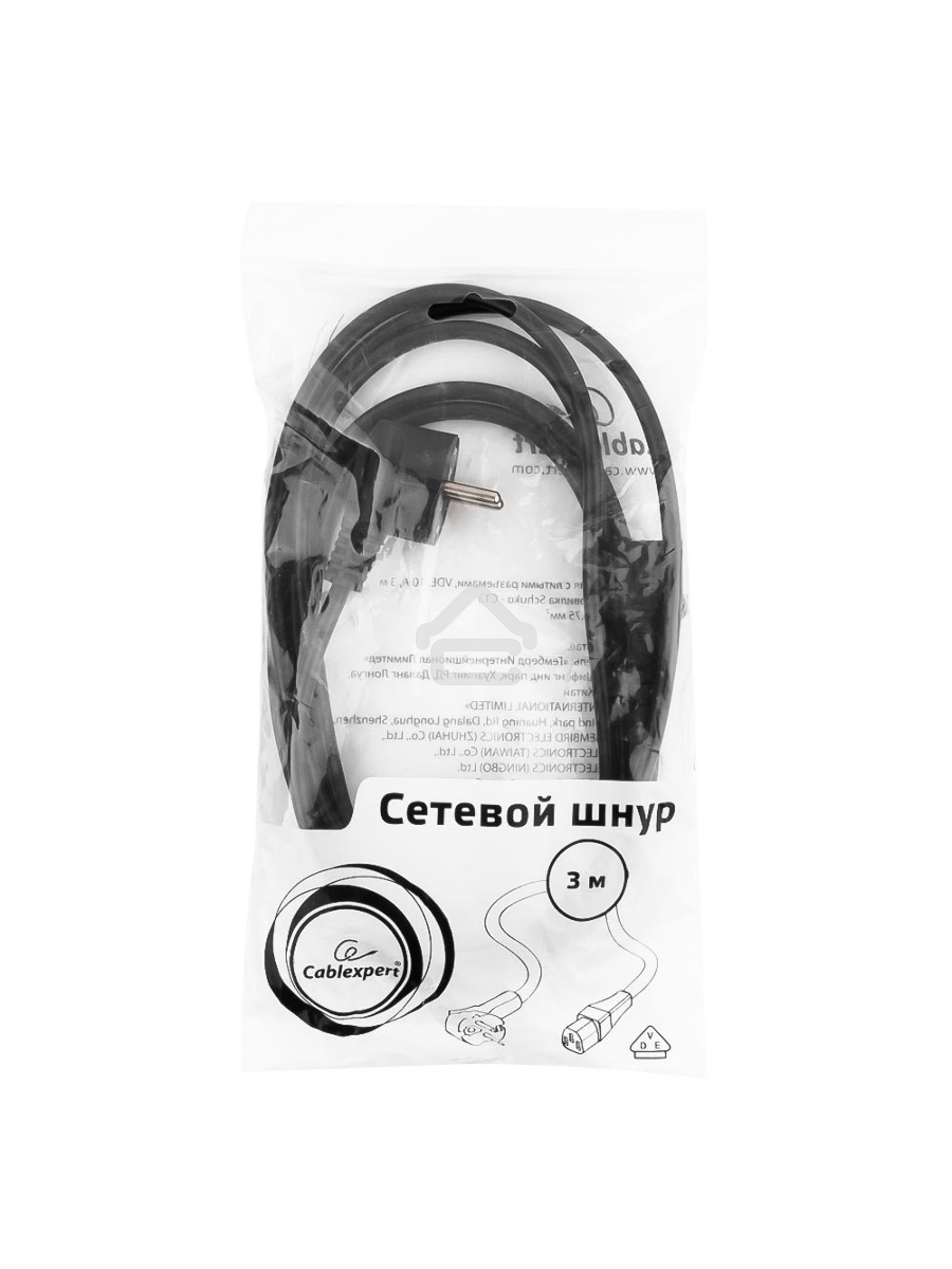 Кабель питания Cablexpert PC-186-VDE-3M,  3м, Schuko- C13, VDE, 10А, Сечение провода: 0,75 мм2, черный, с заземлением  {75}