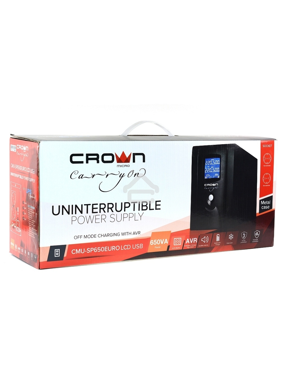 Источник бесперебойного питания CROWN Line Intractive CMU-SP650EURO LCD USB 650VA\390W, корпус металл, 1x12V/7AH, розетки 2*EURO+3*IEC, трансформатор AVR 140-290V, LCD-дисплей, съёмный кабель 1.2 м, порт RJ11/45, порт USB, защита: от перегрузки, от КЗ, от