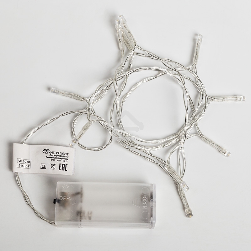 Гирлянда светодиодная Neon-night универсальная 10 LED, 1,2 метра, прозрачный ПВХ, теплое белое свечение, батарейки 2хАА