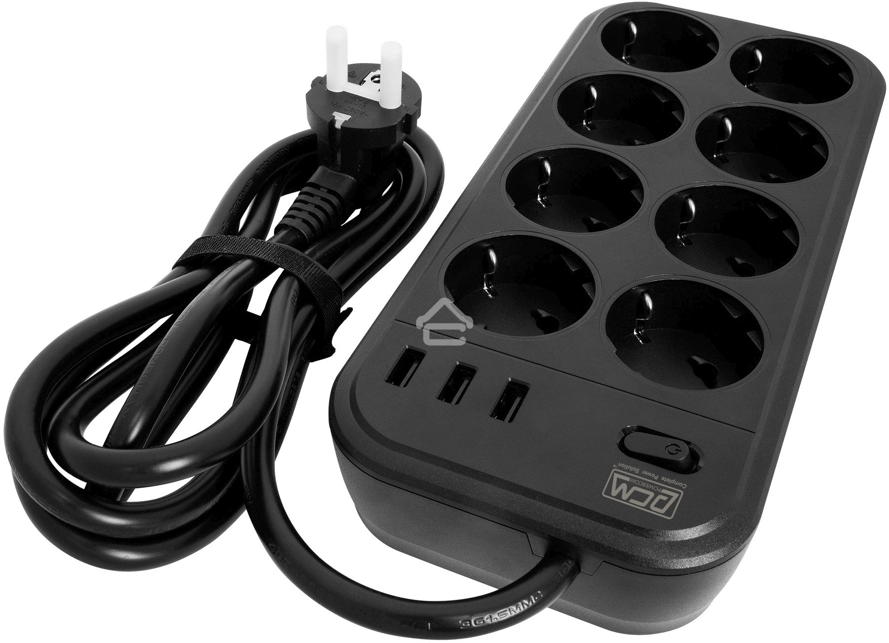 Сетевой фильтр Powercom SP-08 USB03AB 1,8 m 1.8м, 8 розеток, черный, коробка