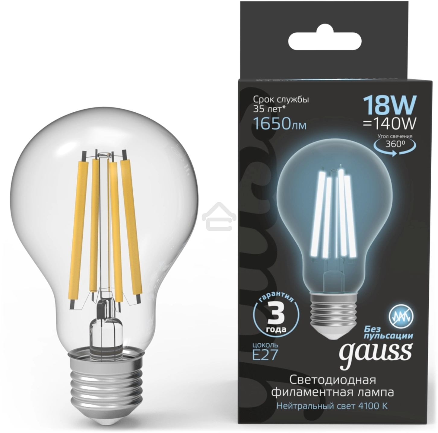 Лампа светодиодная филаментная Gauss Filament 18Вт цок.:E27 груша св.свеч.бел.нейт. (упак.:10шт)