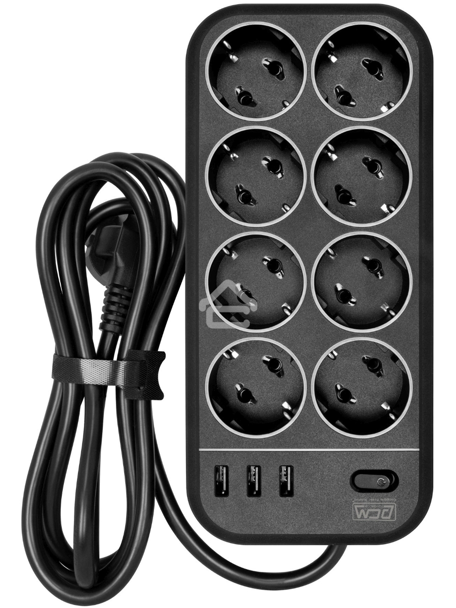 Сетевой фильтр Powercom SP-08 USB03AB 3,0 m 3.0м (8 розеток) черный (коробка)