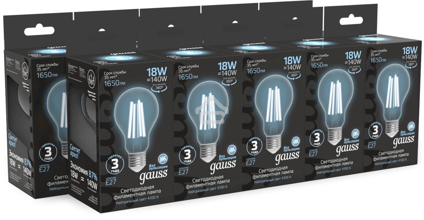 Лампа светодиодная филаментная Gauss Filament 18Вт цок.:E27 груша св.свеч.бел.нейт. (упак.:10шт)