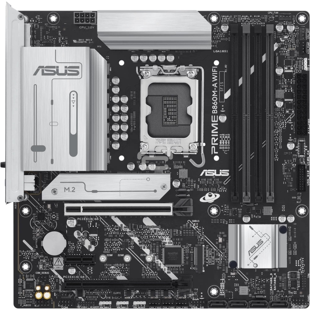 Материнская плата ASUS PRIME B860M-A WIFI, LGA 1851, Intel B860, 4xDDR5, 4xSATA, 2xM.2, 1xPCIe 5.0 x16, 1xPCIe 4.0 x16, 1xPCIe 4.0 x1, 2xDP, 1xHDMI, 1x 2.5Gb LAN, 1xUSB-C 20Gbps, 1xUSB-A 10Gbps, 2xUSB-A 5Gbps, 4xUSB-A 2.0, 3x3.5 мм, 7.1, micro-ATX.