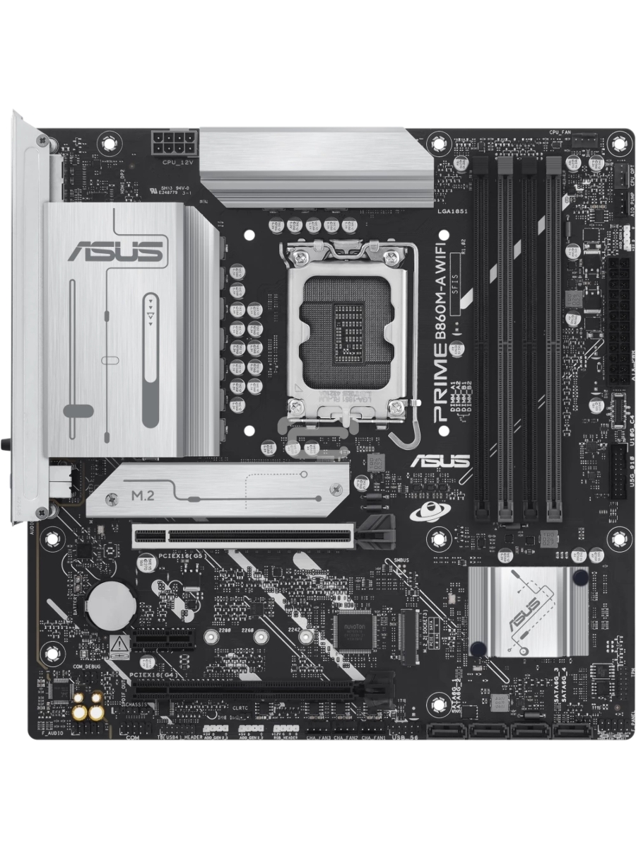 Материнская плата ASUS PRIME B860M-A WIFI, LGA 1851, Intel B860, 4xDDR5, 4xSATA, 2xM.2, 1xPCIe 5.0 x16, 1xPCIe 4.0 x16, 1xPCIe 4.0 x1, 2xDP, 1xHDMI, 1x 2.5Gb LAN, 1xUSB-C 20Gbps, 1xUSB-A 10Gbps, 2xUSB-A 5Gbps, 4xUSB-A 2.0, 3x3.5 мм, 7.1, micro-ATX.