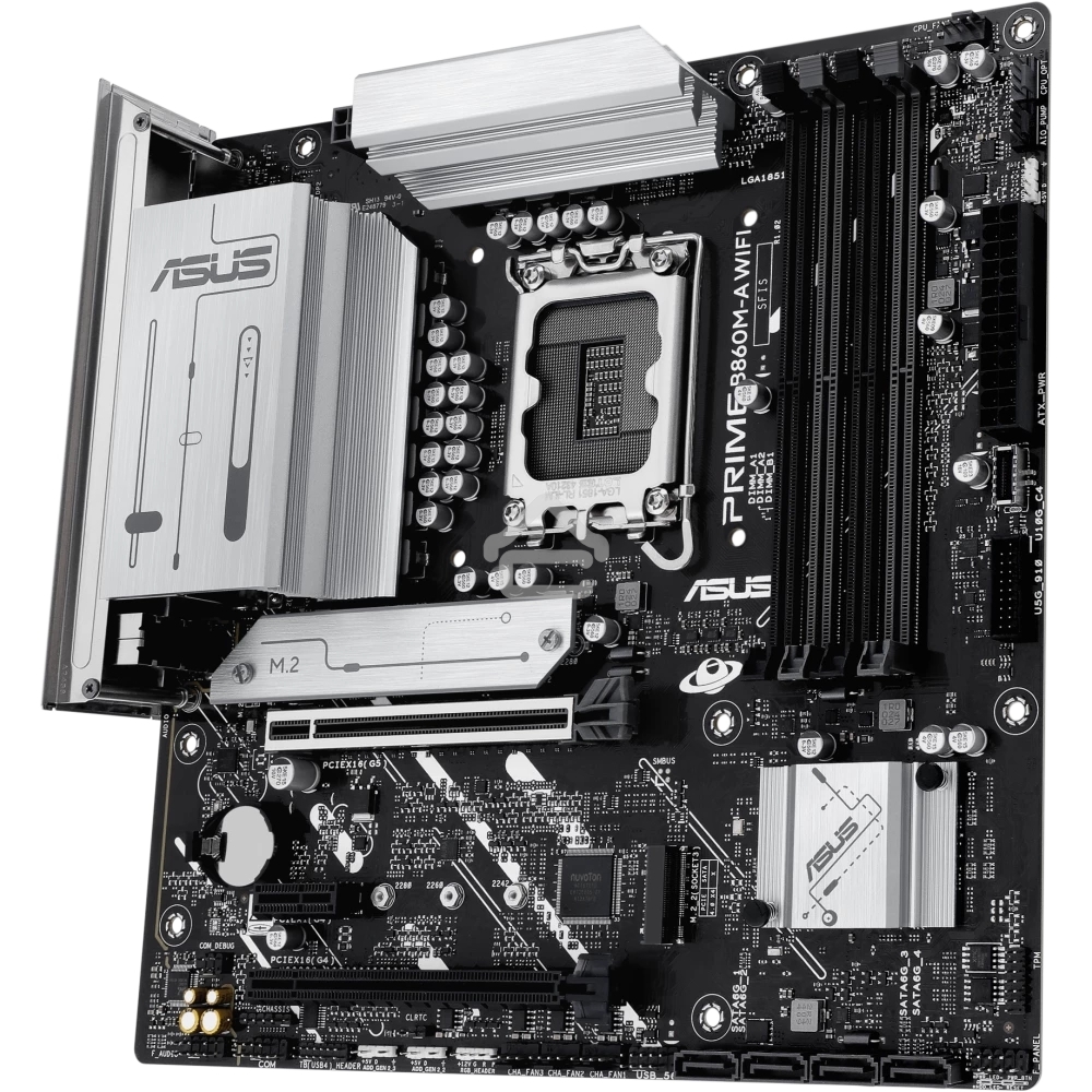 Материнская плата ASUS PRIME B860M-A WIFI, LGA 1851, Intel B860, 4xDDR5, 4xSATA, 2xM.2, 1xPCIe 5.0 x16, 1xPCIe 4.0 x16, 1xPCIe 4.0 x1, 2xDP, 1xHDMI, 1x 2.5Gb LAN, 1xUSB-C 20Gbps, 1xUSB-A 10Gbps, 2xUSB-A 5Gbps, 4xUSB-A 2.0, 3x3.5 мм, 7.1, micro-ATX.