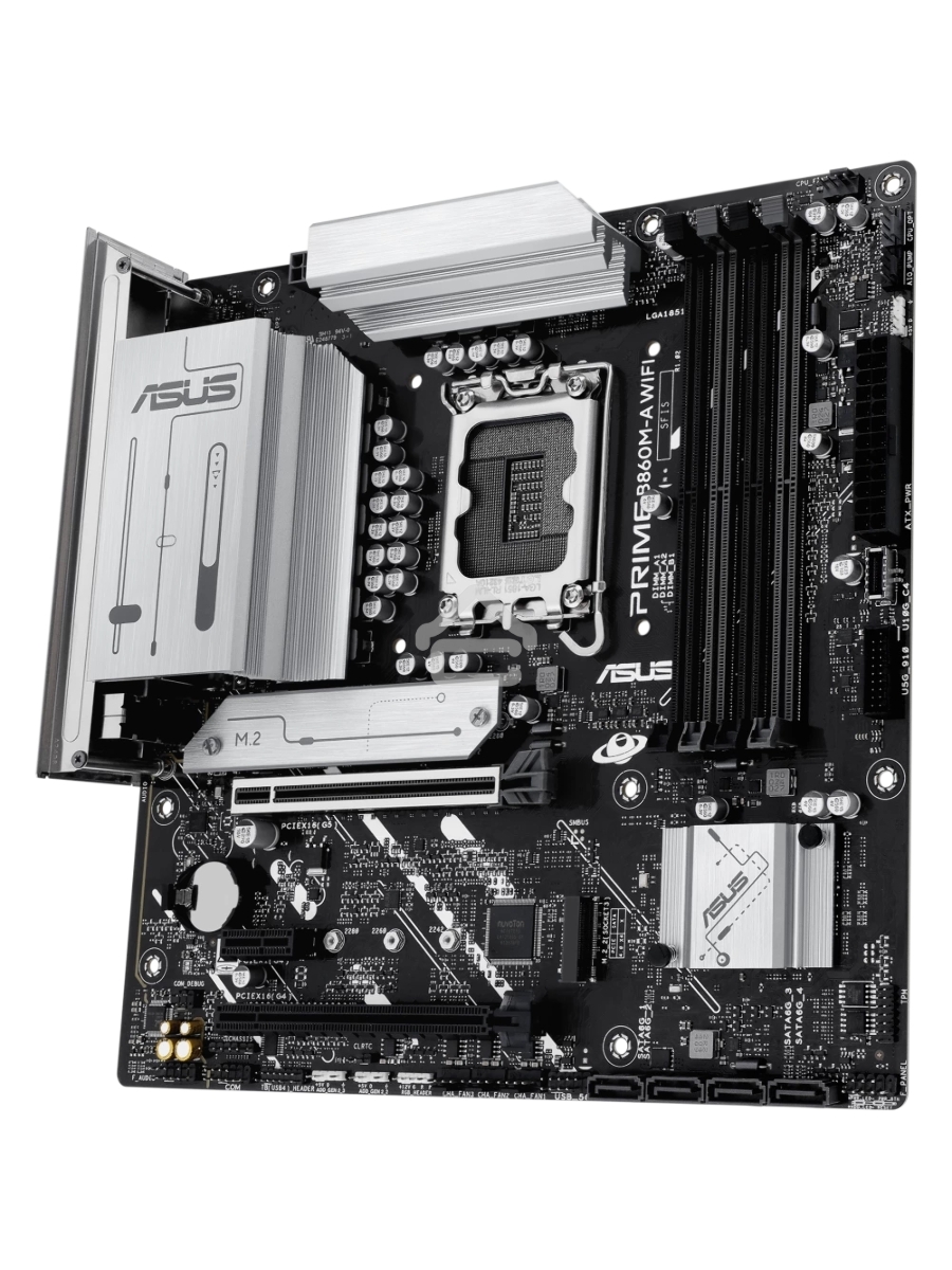 Материнская плата ASUS PRIME B860M-A WIFI, LGA 1851, Intel B860, 4xDDR5, 4xSATA, 2xM.2, 1xPCIe 5.0 x16, 1xPCIe 4.0 x16, 1xPCIe 4.0 x1, 2xDP, 1xHDMI, 1x 2.5Gb LAN, 1xUSB-C 20Gbps, 1xUSB-A 10Gbps, 2xUSB-A 5Gbps, 4xUSB-A 2.0, 3x3.5 мм, 7.1, micro-ATX.