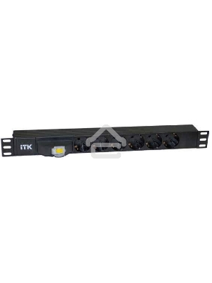 Блок ITK PDU 6 розеток DIN49440 (нем. cтанд.), с автоматом на 10А,1U, без шнура, вх. IEC320 C14, алюминиевый профиль, черный