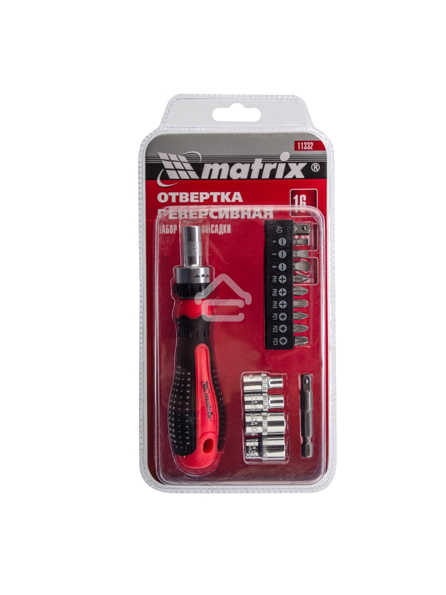Отвертка реверсивная MATRIX 11332 с набором бит и насадок торцевых, CrV,1/4