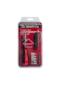 Отвертка реверсивная MATRIX 11332 с набором бит и насадок торцевых, CrV,1/4