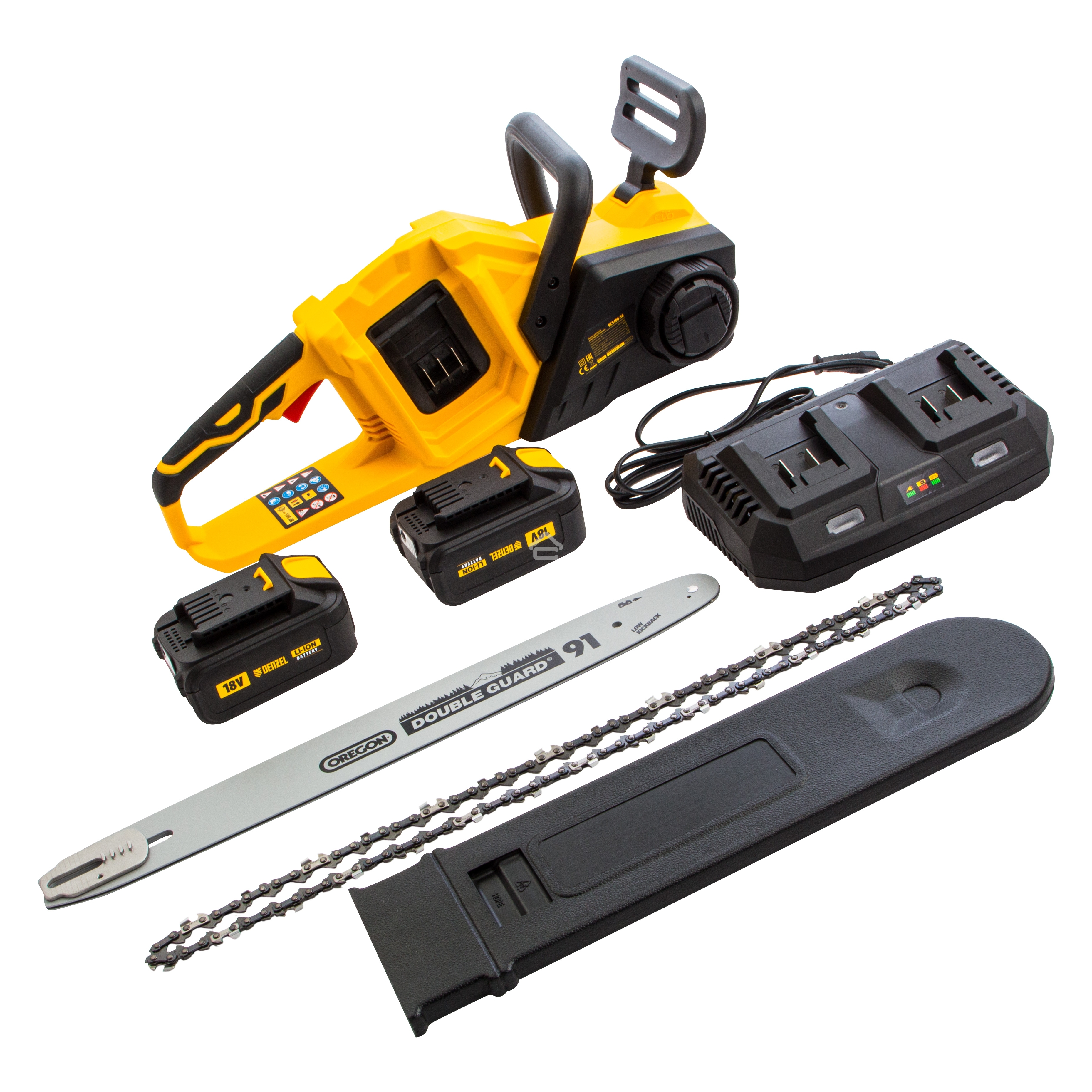 Цепная пила аккумуляторная бесщет. Denzel RCS400-36, Li-ion, 36 В, 4 А·ч, шина 400 мм/ 58610