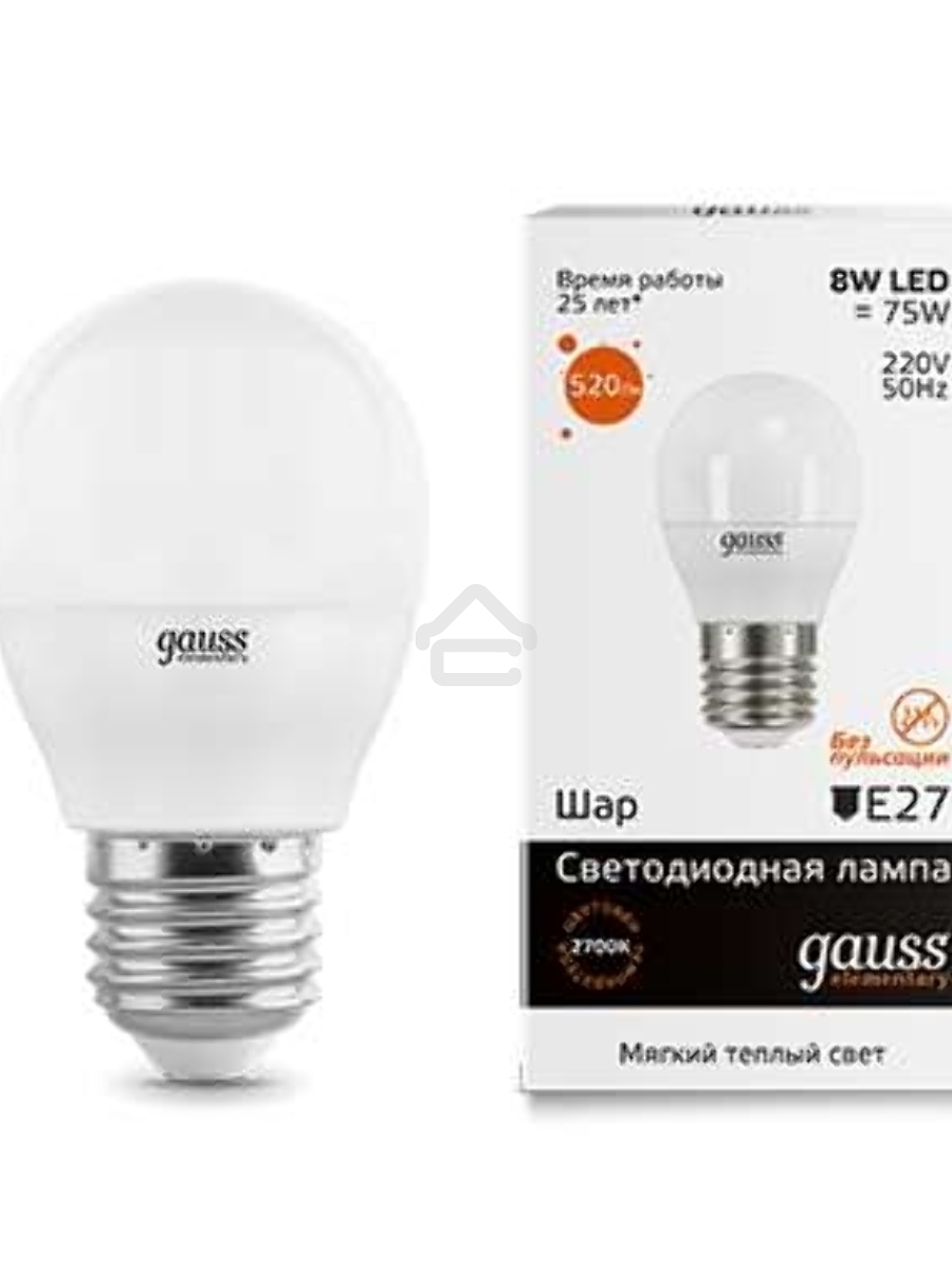 Светодиодная лампа LED GAUSS 53218 Elementary Шар 8W E27 520lm 3000K 1/10/100 0