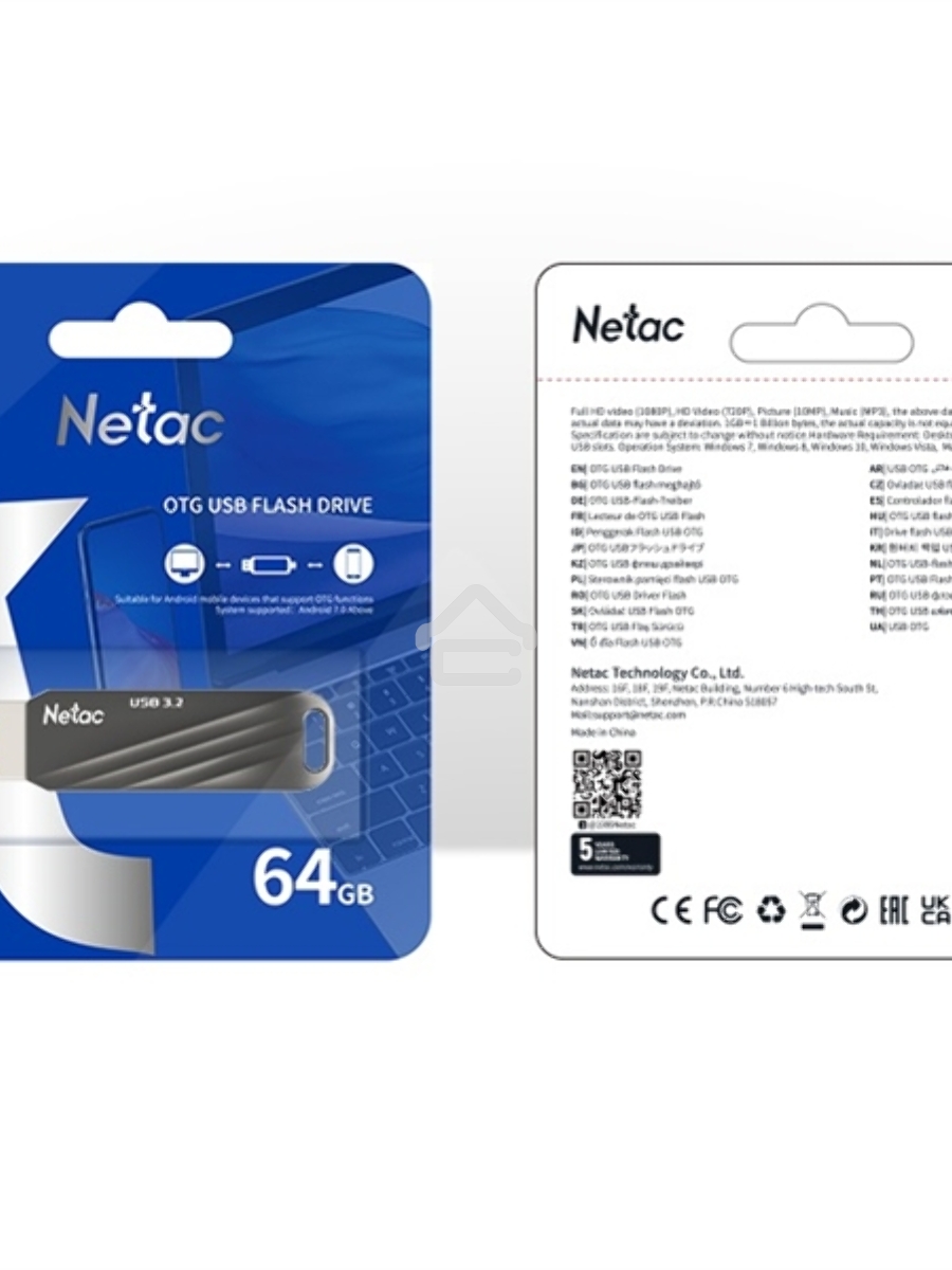 Флеш диск Netac US11 черный 64Gb USB Type-A + USB Type-C, metal/plastic case