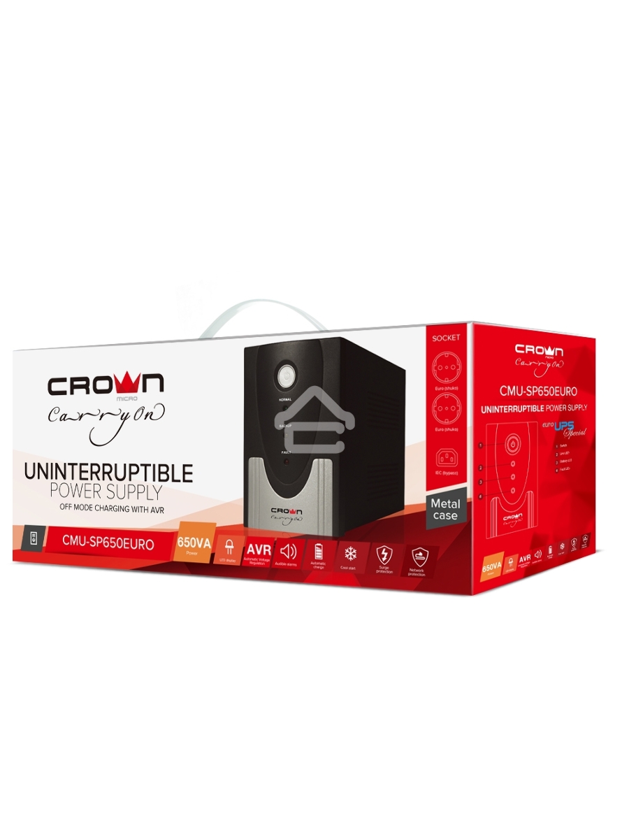 Источник бесперебойного питания CROWN ИБП CMU-SP650EURO {650VA, металл, 1x12V/7AH, розетки 2*EURO+1*IEC bybass} CM000001490