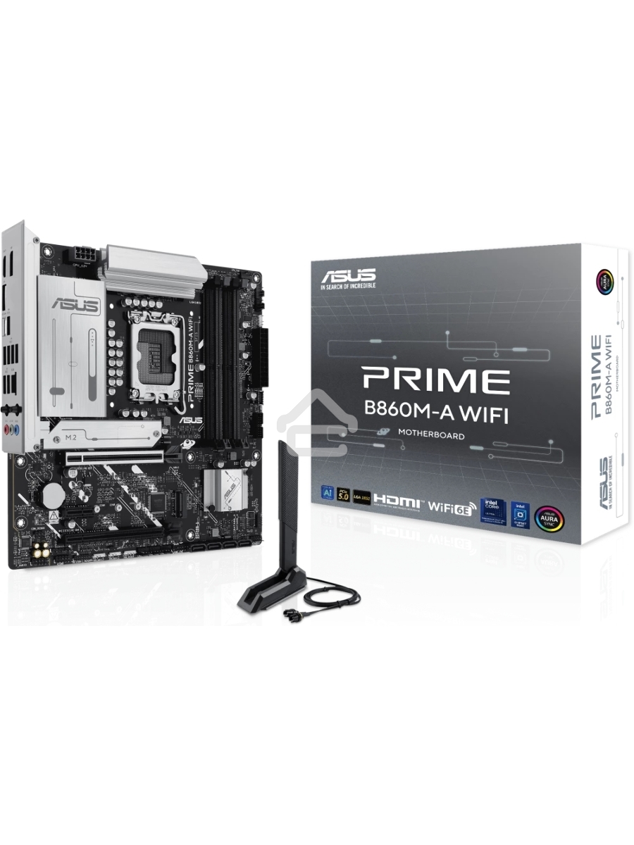 Материнская плата ASUS PRIME B860M-A WIFI, LGA 1851, Intel B860, 4xDDR5, 4xSATA, 2xM.2, 1xPCIe 5.0 x16, 1xPCIe 4.0 x16, 1xPCIe 4.0 x1, 2xDP, 1xHDMI, 1x 2.5Gb LAN, 1xUSB-C 20Gbps, 1xUSB-A 10Gbps, 2xUSB-A 5Gbps, 4xUSB-A 2.0, 3x3.5 мм, 7.1, micro-ATX.