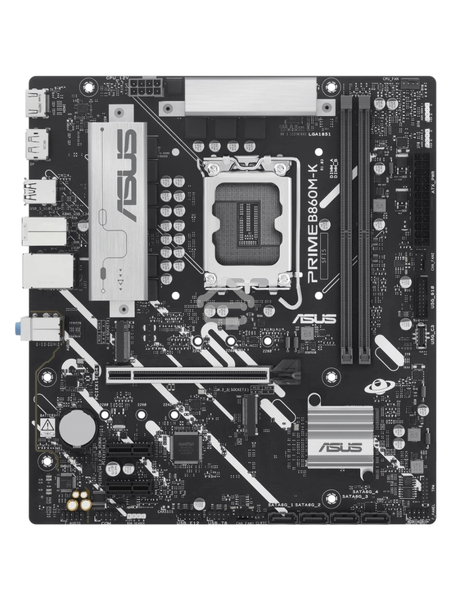 Материнская плата ASUS PRIME B860M-K, LGA 1851, Intel B860, 2xDDR5, 4xSATA, 2xM.2, 1xPCIe 4.0 x16, 2xPCIe 4.0 x1, 1xHDMI, 1xDP, 1x 2.5Gb LAN, 1xUSB-A 10Gbps, 3xUSB-A 5Gbps, 3xUSB-A 2.0, 3x3.5 мм, 7.1, mATX