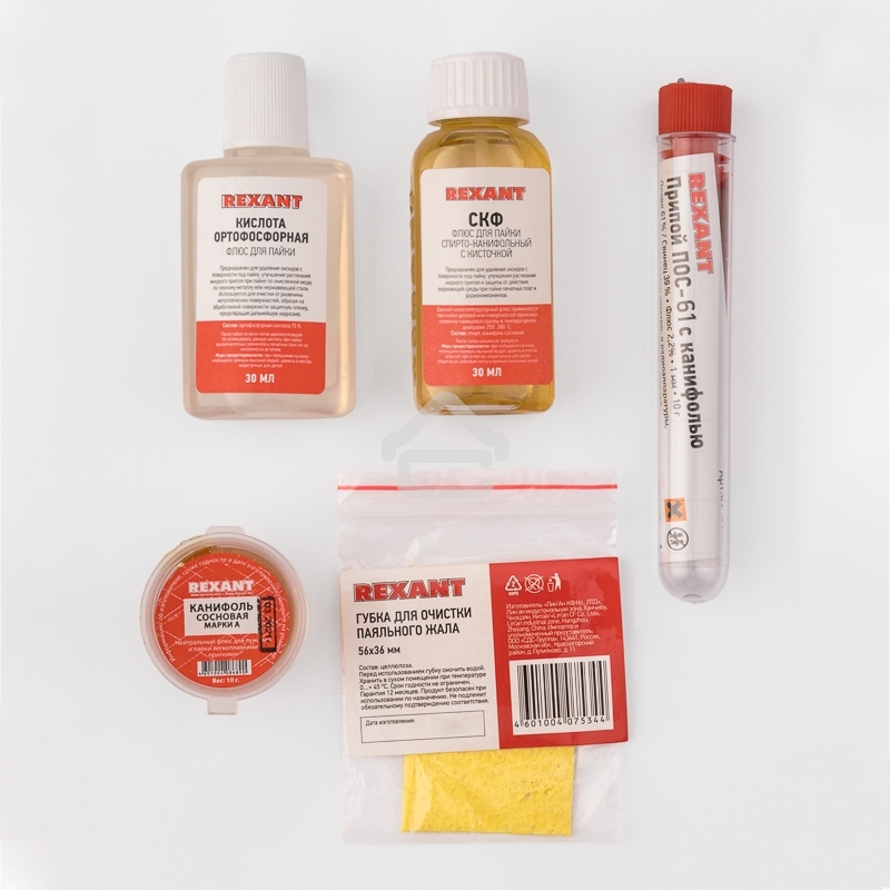 Набор К5 для пайки Rexant универсальный (припой, губка, канифоль, флюс СКФ, флюс ОК)