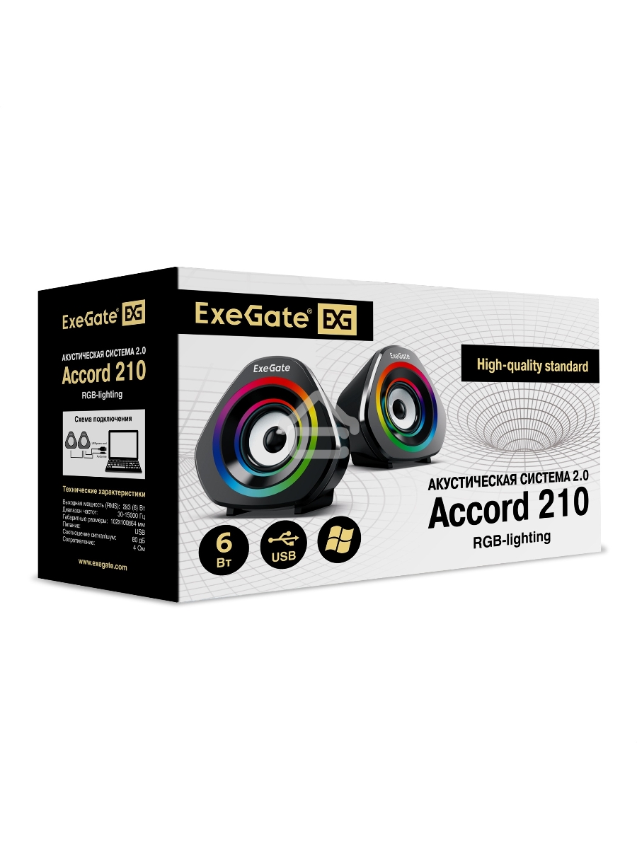 Акустическая система 2.0 ExeGate EX289680RUS Accord 210 (питание USB, 2х3Вт (6Вт RMS), 60-20000Гц, цвет черный, RGB подсветка)