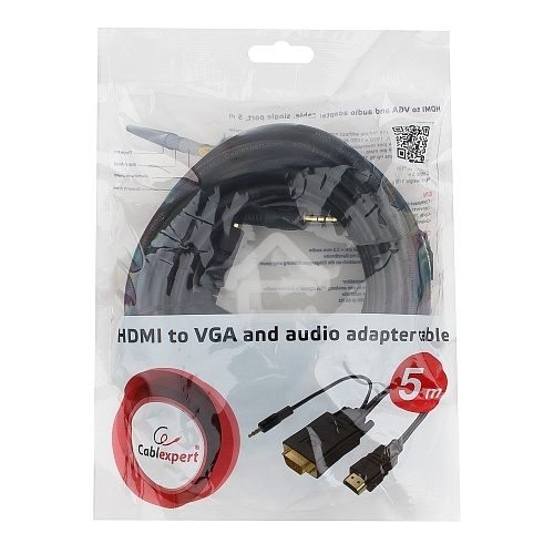 Кабель HDMI->VGA Cablexpert A-HDMI-VGA-03-5M, 19M/15M + 3.5Jack, медь, позол.разъемы, 5м, черный, пакет