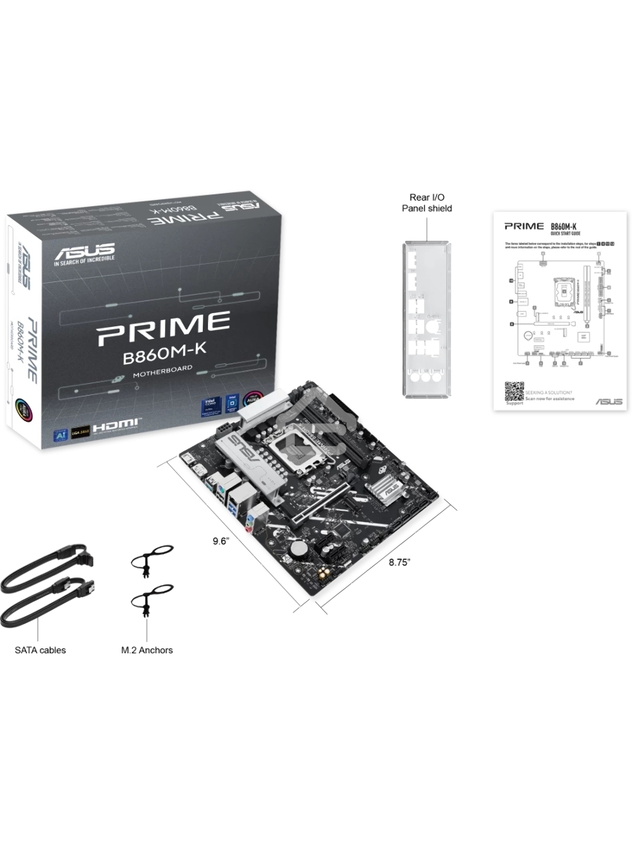 Материнская плата ASUS PRIME B860M-K, LGA 1851, Intel B860, 2xDDR5, 4xSATA, 2xM.2, 1xPCIe 4.0 x16, 2xPCIe 4.0 x1, 1xHDMI, 1xDP, 1x 2.5Gb LAN, 1xUSB-A 10Gbps, 3xUSB-A 5Gbps, 3xUSB-A 2.0, 3x3.5 мм, 7.1, mATX