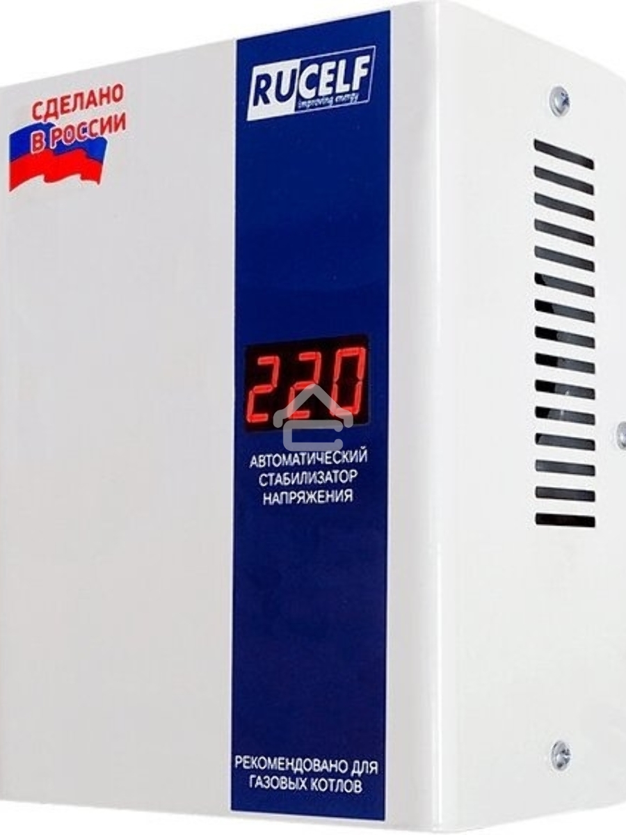 Стабилизатор RUCELFКОТЕЛ-1200 релейный настенный, Активная мощность 1.20 кВт, Тип входного напряжения однофазное 130-265 В, Точность стабилизации 8%, Количество ступеней стабилизации 4, Выходное напряжение 202-238 В, частота 50 Гц, Форма выходного сигнала