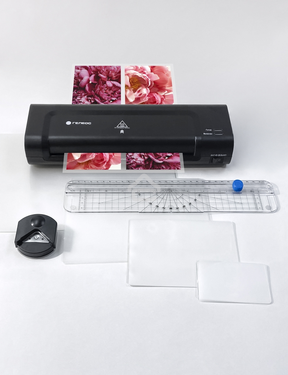 Ламинатор ГЕЛЕОС ЛМ A4 Комбо, А4, 2х150 (пленка 75-150мкм), 300 мм/мин, 2 вала, пласт. корпус, мах толщина 0,6мм, разжим валов, + резак, обрезчик углов и стартовый набор пленок