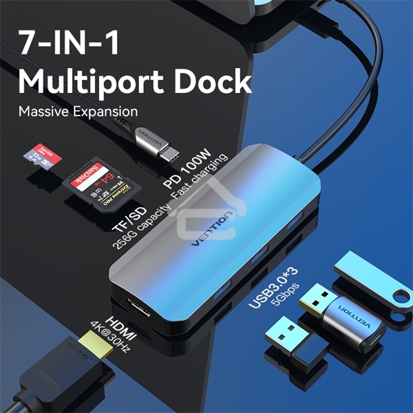 Хаб Vention USB-C to HDMI/USB 3.0x3/SD/TF/PD Docking Station Gray 0.15M Aluminum Alloy Type