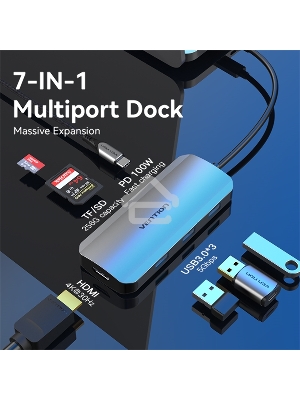 Хаб Vention USB-C to HDMI/USB 3.0x3/SD/TF/PD Docking Station Gray 0.15M Aluminum Alloy Type