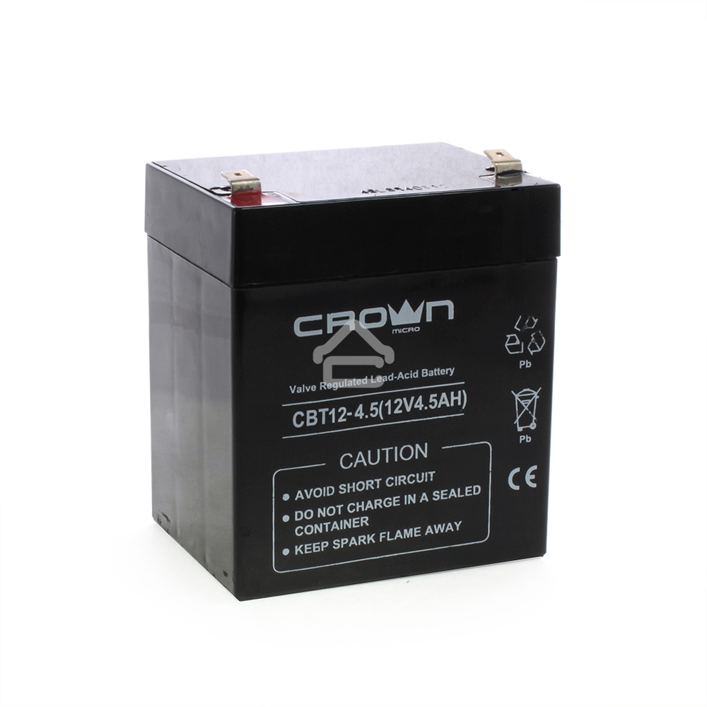 Батарея CROWN CBT-12-4.5, напряжение 12В, ёмкость4,5 А/Ч, размеры (мм)90х70х101, вес 1,48 кг, тип клеммы - F2, тип АКБ - свинцово кислотная с загущеным электролитом в гель, срок службы 6 лет