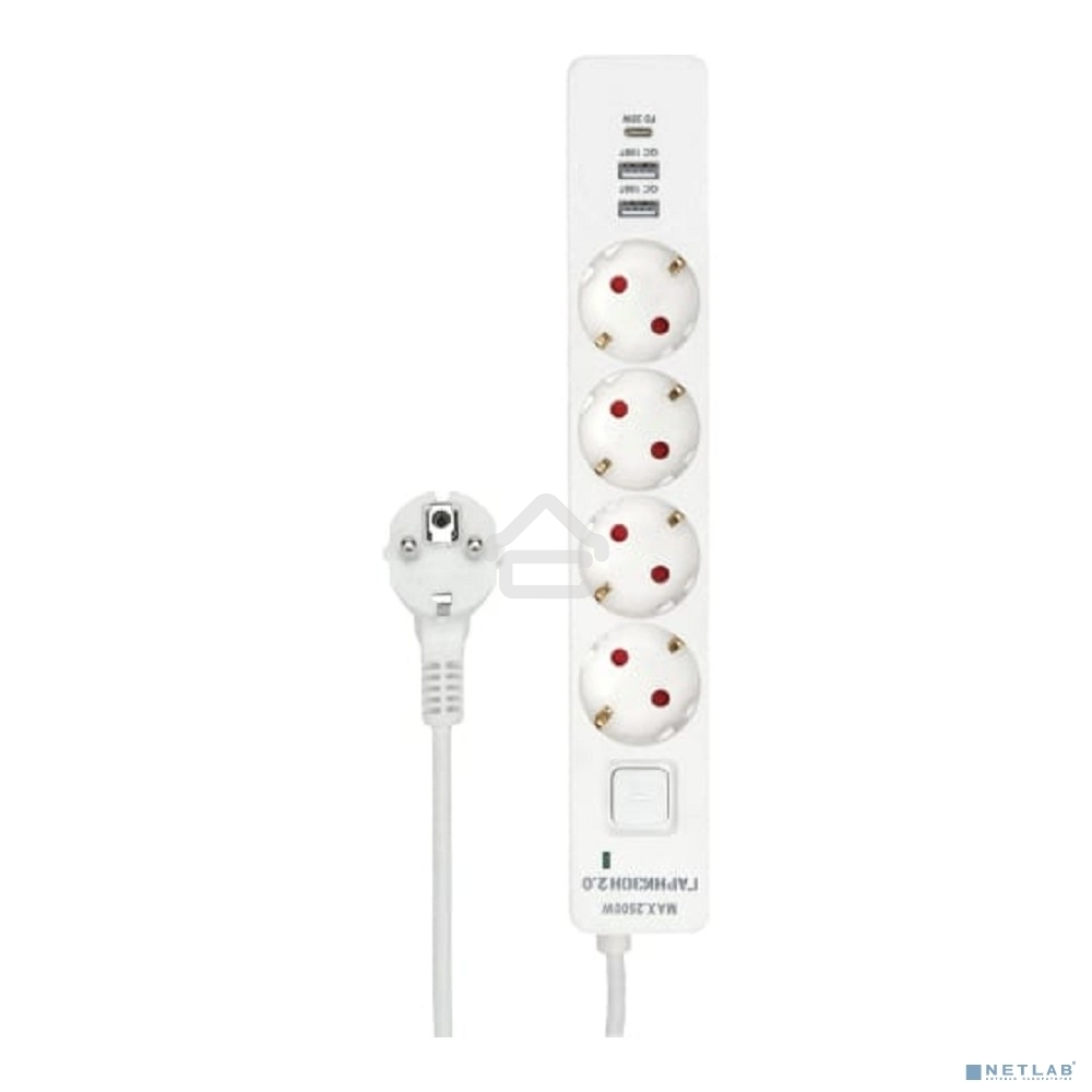 Сетевой фильтр Гарнизон EPS-OP-4-CU2-W-2 2.0 Мультипорт 4 р, 10А, 1xType-C PD, 2 х USB QC, 4 м, ур.защиты 4+, белый, пак (21449)