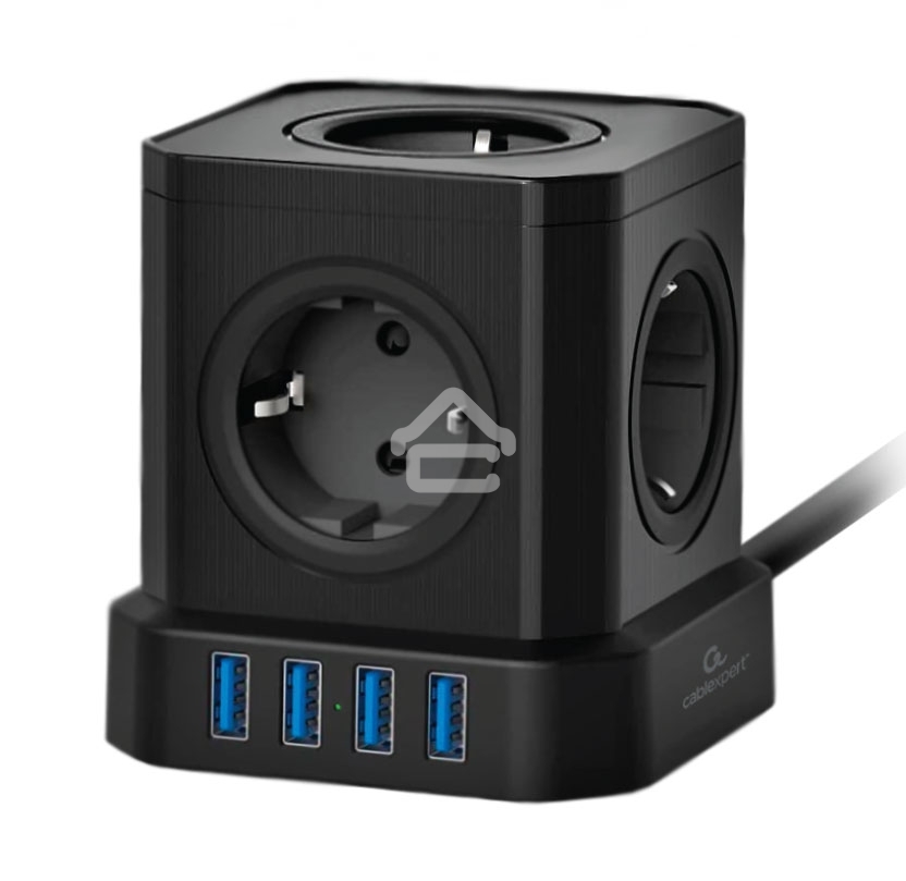 Сетевой фильтр Cablexpert Tower, TWR-5-U4-B-2, 5р, 10А, 4хUSB, 3.1А, 2м, ур.защиты 4+, черный, коробка