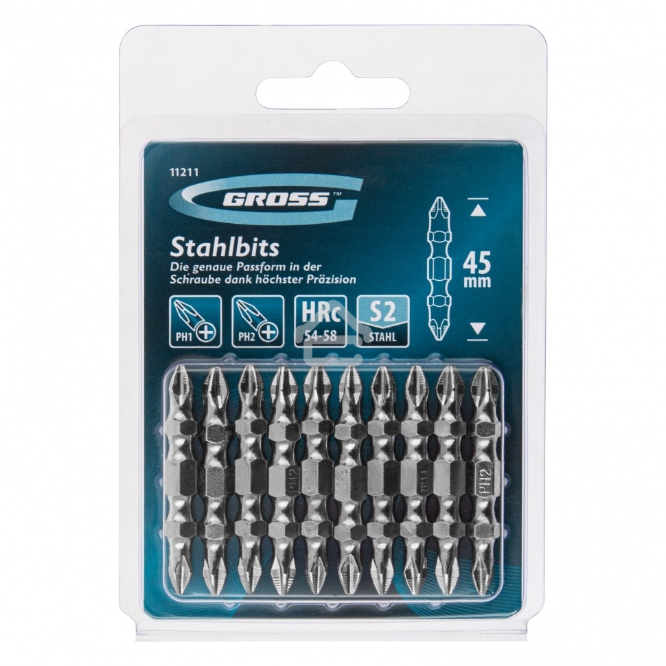 Набор бит двухстор., PH2-PH1х45мм, сталь S2, 10шт. Gross
