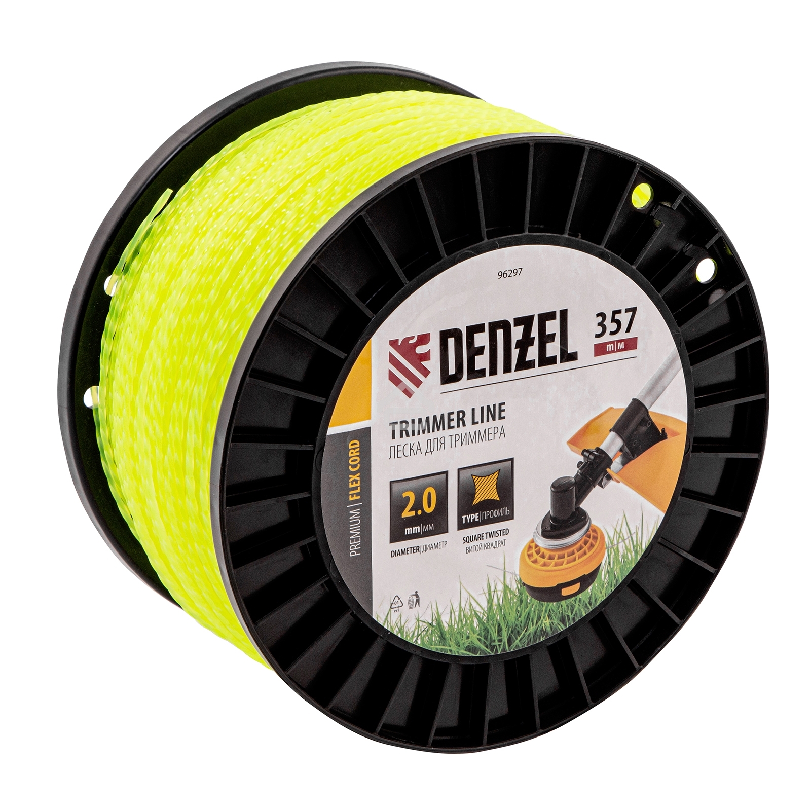 Леска для триммера Denzel витой квадрат, 2,0мм х 357м, на DIN катушке FLEX CORD