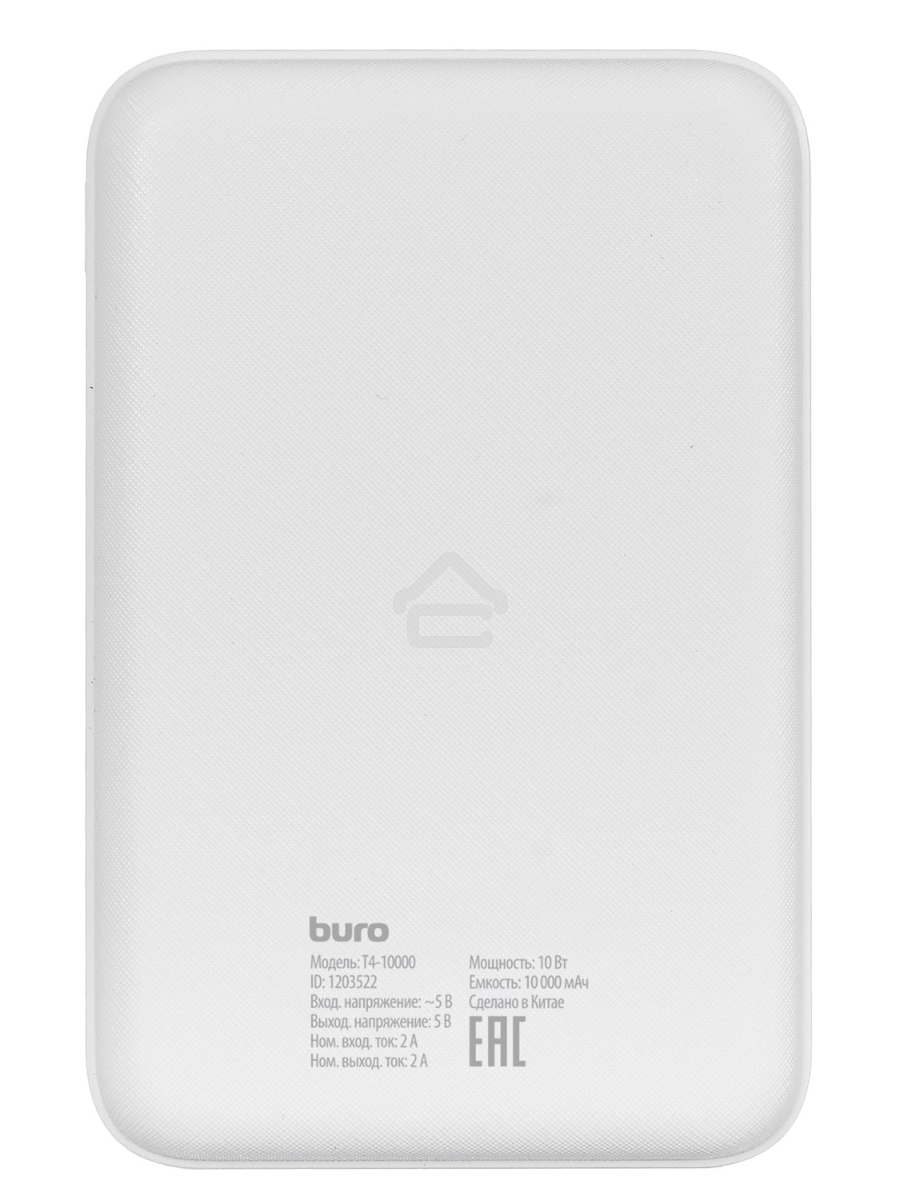 Мобильный аккумулятор Buro T4-10000 Li-Pol 10000mAh 2A+1A белый 2xUSB