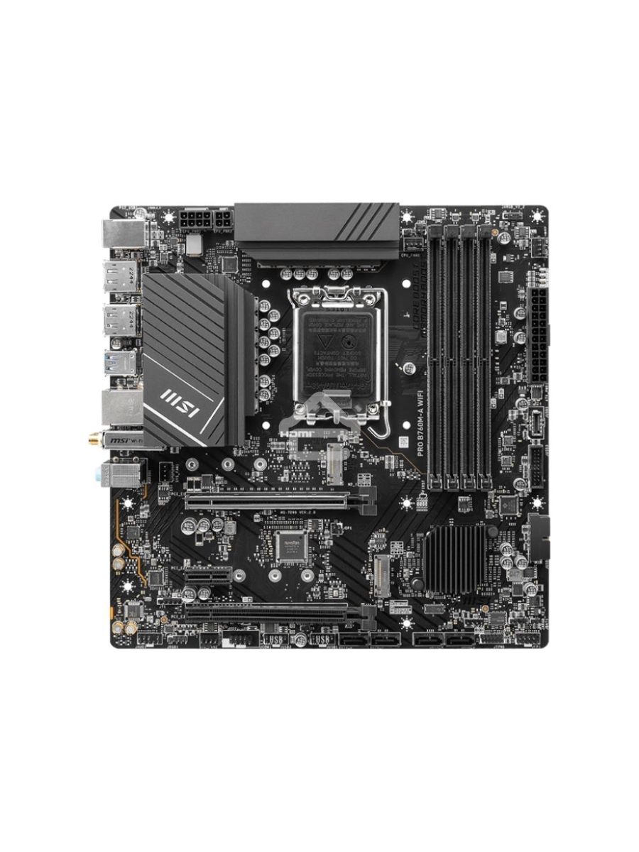 Материнская плата MSI PRO B760M-A WIFI, LGA 1700, Intel B760, 4xDDR5, 4xSATA, 2xM.2, 1xPCI-E 4.0 x16, 1xPCI-E 4.0 x4, 2xHDMI, 2xDP, 1x2.5Gb LAN, 2xUSB-A 2.0, 2xUSB 3.2 Gen 1, 2xUSB 3.2 Gen 2, 3x3.5 мм, 7.1, Micro-ATX