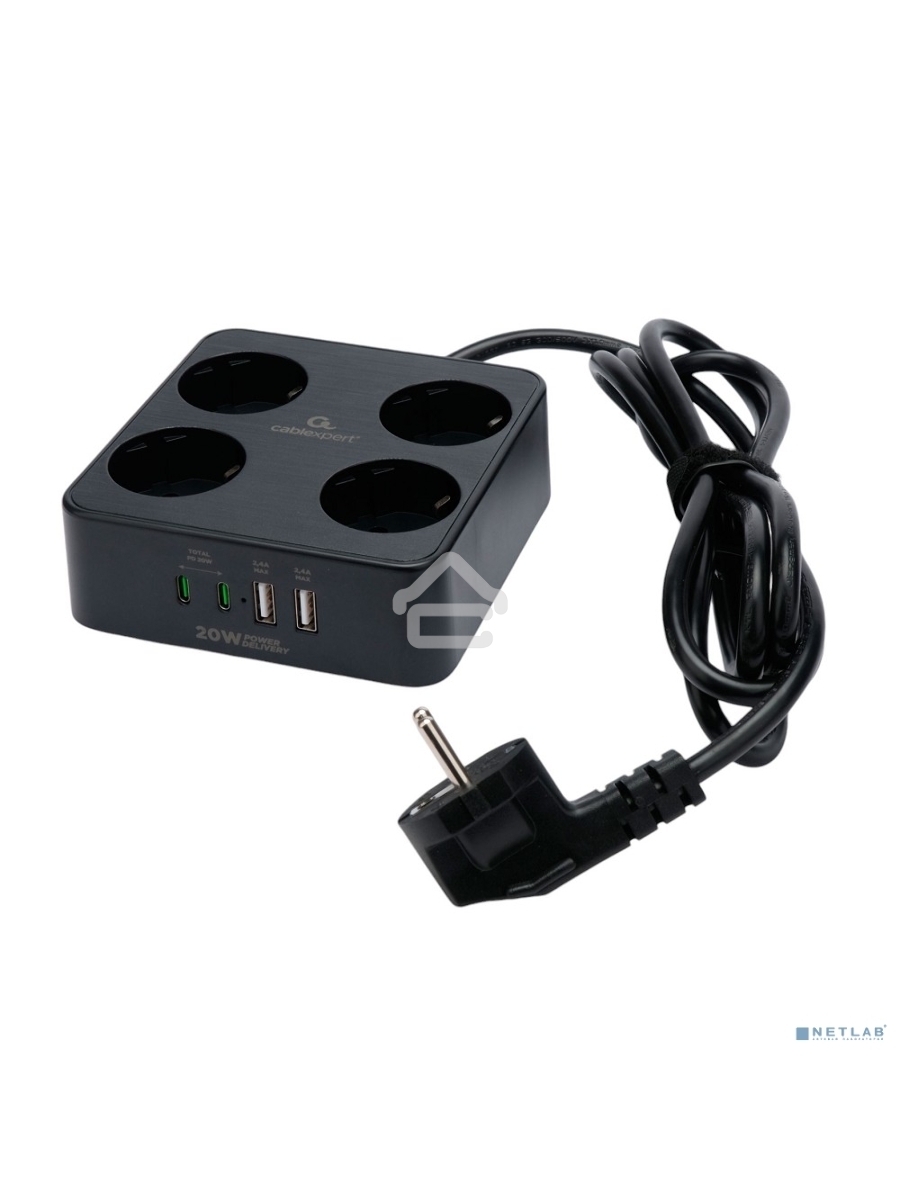 Сетевой фильтр Cablexpert Plate, PLT-4-C2U2-B-3, 4р, 10А, 2xType-C PD, 20Вт, 2xUSB, 2.4A, 3м, ур.защиты 4+, черный, коробка