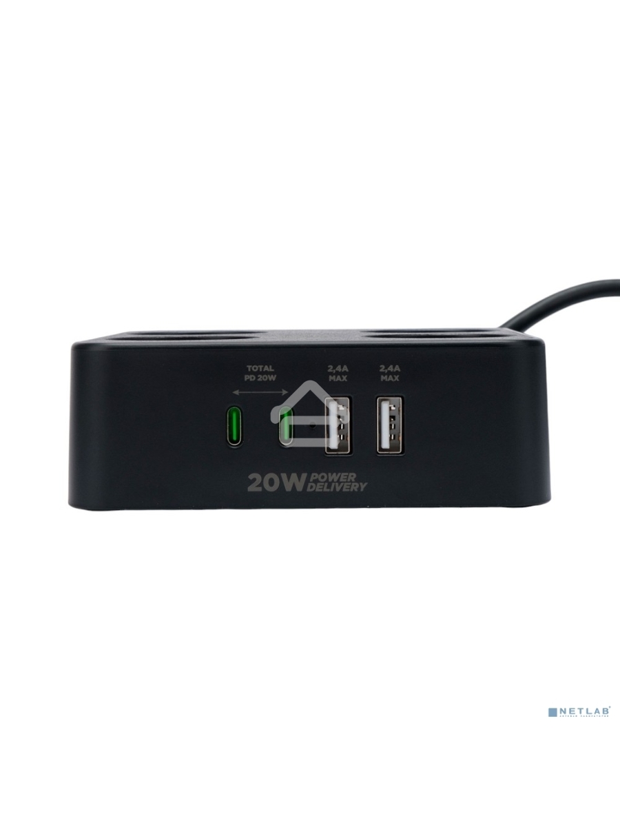 Сетевой фильтр Cablexpert Plate, PLT-4-C2U2-B-3, 4р, 10А, 2xType-C PD, 20Вт, 2xUSB, 2.4A, 3м, ур.защиты 4+, черный, коробка