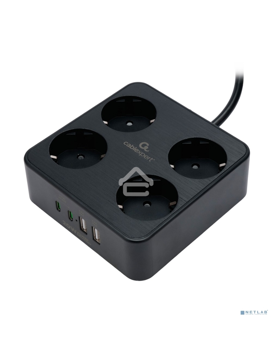 Сетевой фильтр Cablexpert Plate, PLT-4-C2U2-B-3, 4р, 10А, 2xType-C PD, 20Вт, 2xUSB, 2.4A, 3м, ур.защиты 4+, черный, коробка