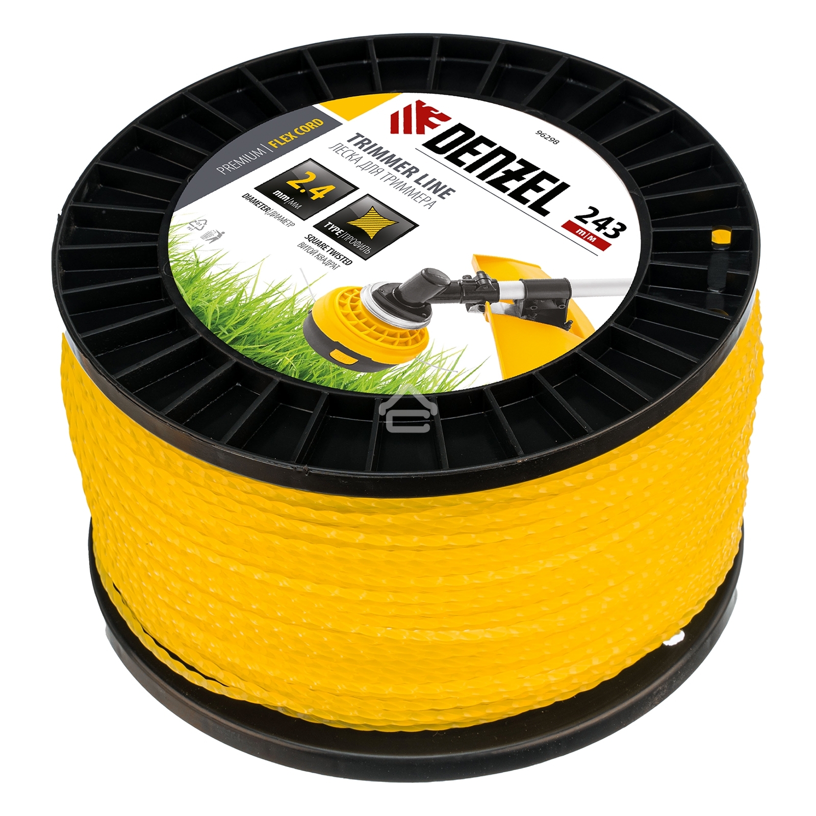 Леска для триммера Denzel витой квадрат, 2,4мм х 243м, на DIN катушке FLEX CORD