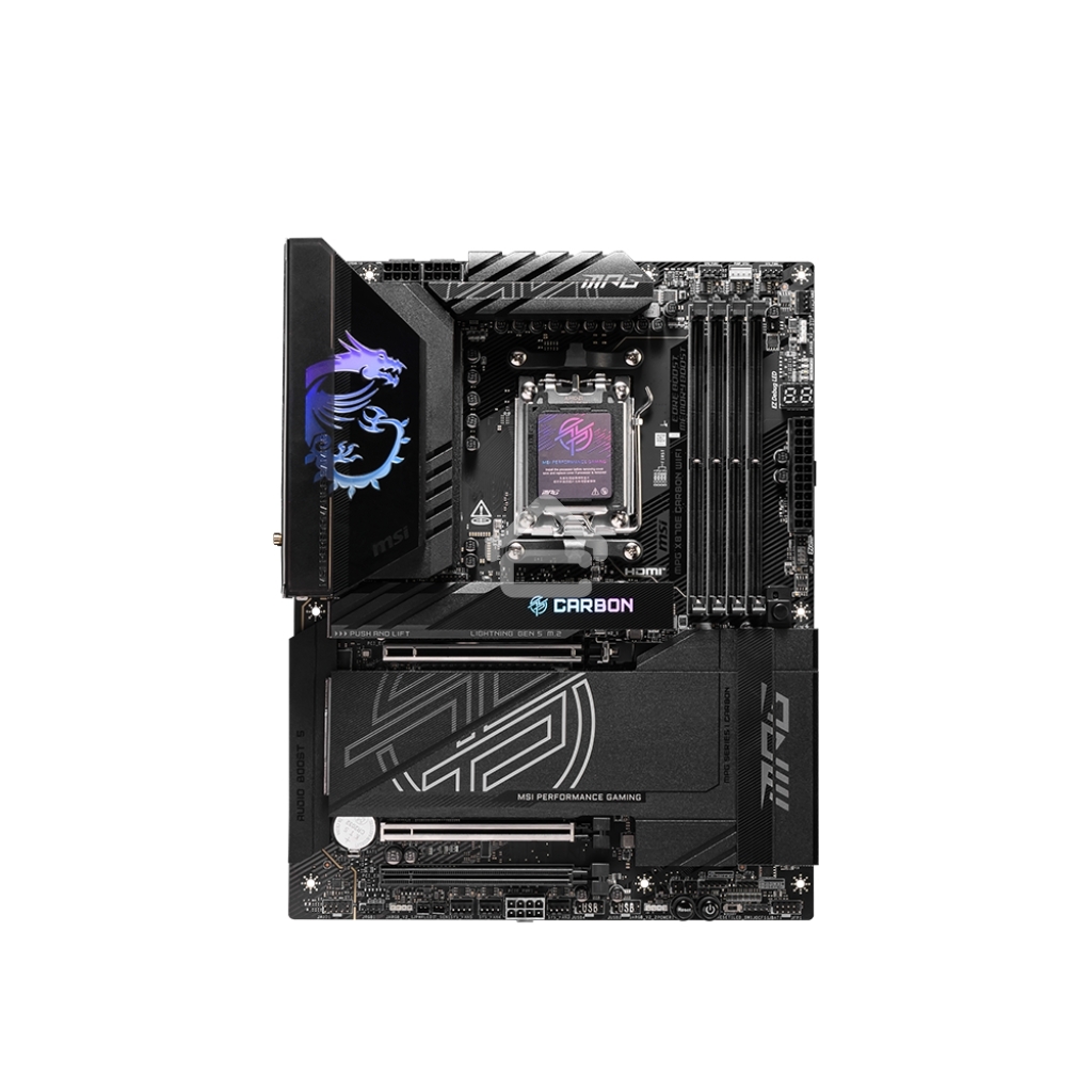 Материнская плата MSI MPG X870E CARBON WIFI, AM5, AMD X870E, 4xDDR5, 4xSATA, 4xM.2, 1xPCIe 5.0 x16, 1xPCIe 5.0 x4, 1xPCIe 4.0 x4, 1xHDMI, 2xUSB-C, 2x1Gb LAN, 9xUSB 3.2 Gen 2, 2xUSB4, 2x3.5 мм, 7.1, ATX