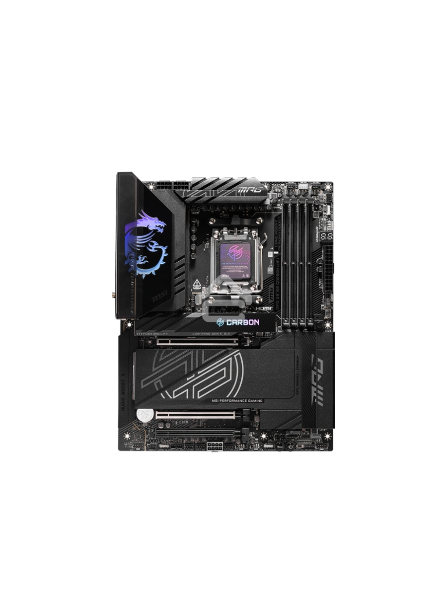 Материнская плата MSI MPG X870E CARBON WIFI, AM5, AMD X870E, 4xDDR5, 4xSATA, 4xM.2, 1xPCIe 5.0 x16, 1xPCIe 5.0 x4, 1xPCIe 4.0 x4, 1xHDMI, 2xUSB-C, 2x1Gb LAN, 9xUSB 3.2 Gen 2, 2xUSB4, 2x3.5 мм, 7.1, ATX