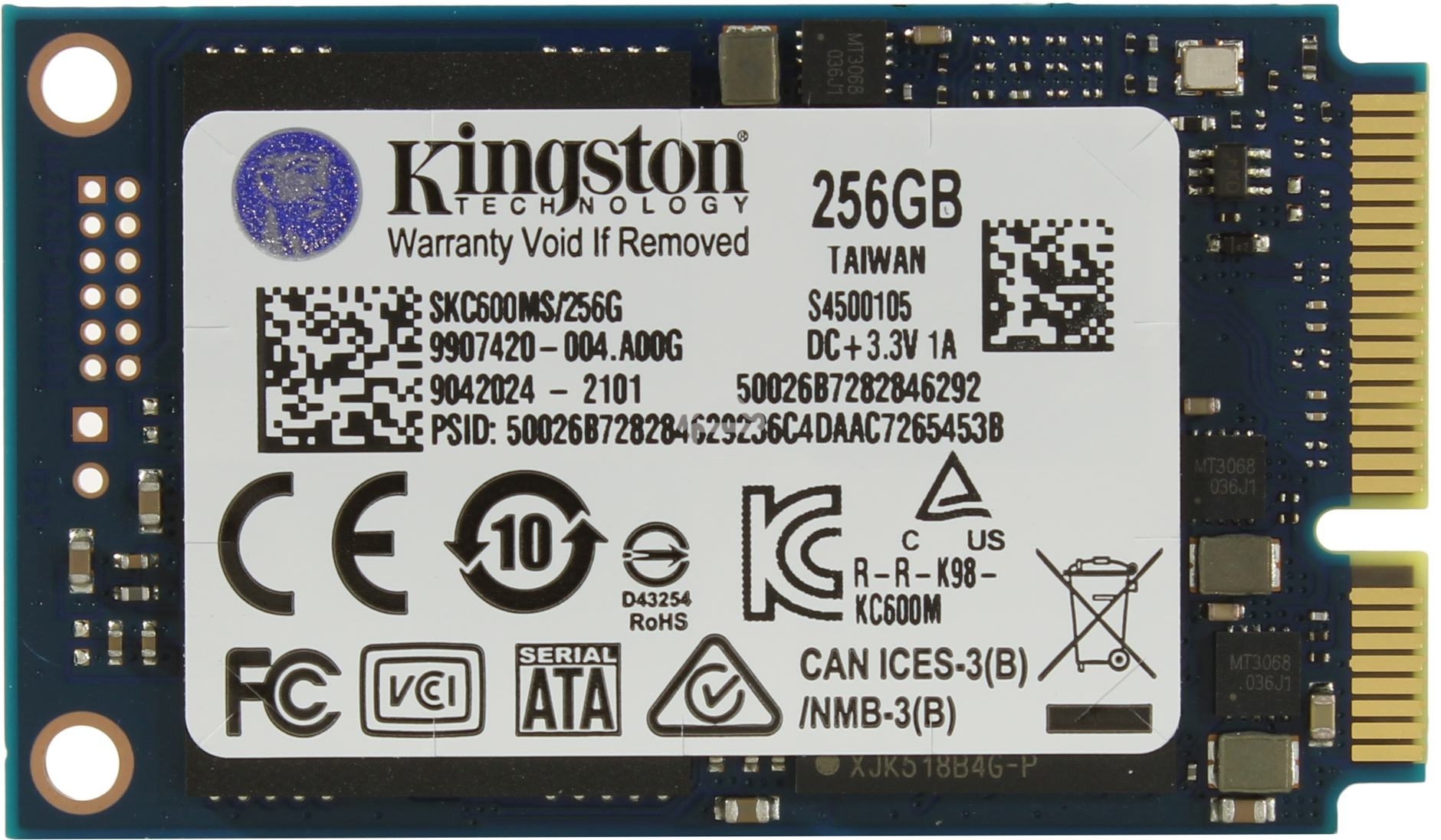 Накопитель SSD Kingston KC600, 256GB, mSATA, R/W 550/500