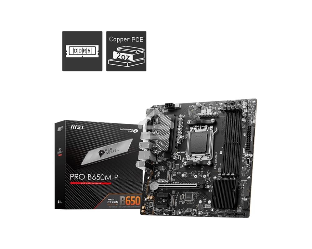 Материнская плата MSI PRO B650M-P, AM5, AMD B650, 4xDDR5, 4xSATA, 2xM.2, 1xPCI-E 4.0 x16, 2xPCI-E 4.0 x1, 1xHDMI, 1xDP, 1xVGA, 1x2.5Gb LAN, 2xUSB 3.2 Gen 1, 2xUSB 3.2 Gen 2, 3x3.5 мм, 7.1, Micro-ATX