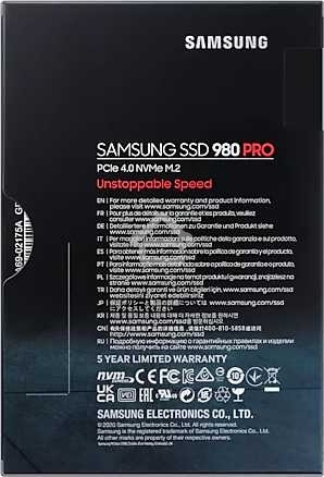 Накопитель SSD Samsung 980 PRO, 1TB, PCIe 4.0 x4, M.2 2280, NVMe, R/W 7000/5000