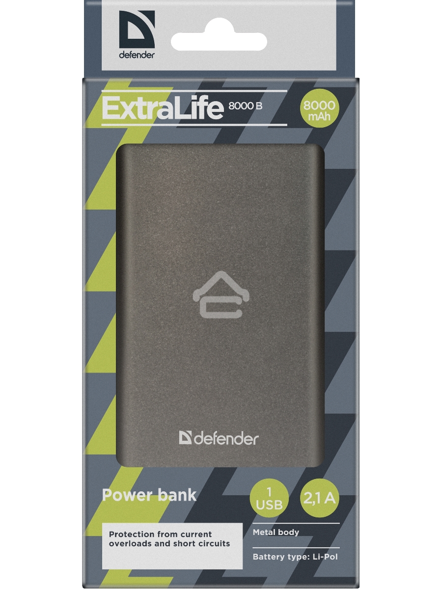 Внешний аккумулятор Defender Extralife 8000mAh 1USB, Li-pol ,5V,2.1A, серый