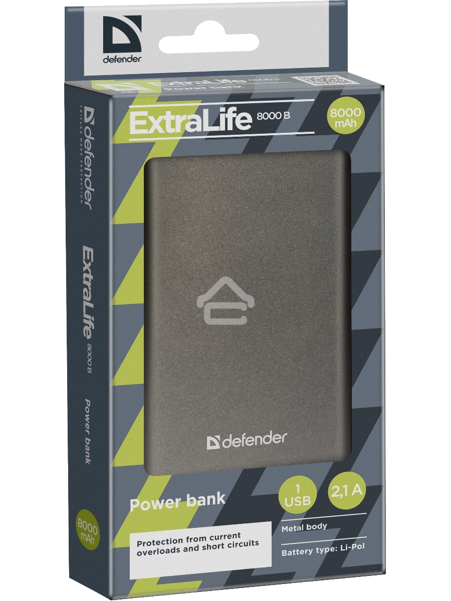 Внешний аккумулятор Defender Extralife 8000mAh 1USB, Li-pol ,5V,2.1A, серый