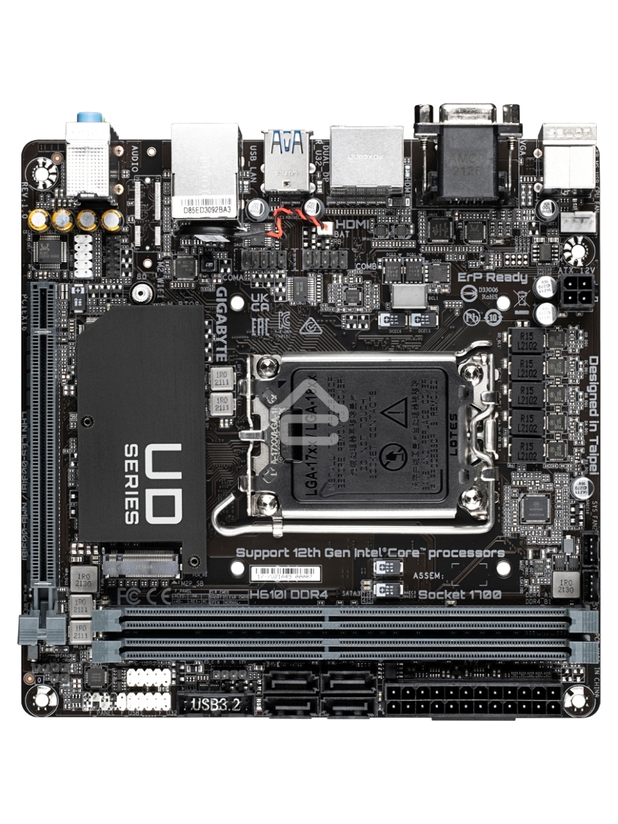 Материнская плата Gigabyte H610I DDR4, LGA 1700, Intel H610, 2xDDR4, 4xSATA, 1xM.2, 1xPCIe 4.0 x16, 1xHDMI, 1xVGA, 2xDP, 1x 1Gb LAN, 2xUSB-A 3.2 Gen 1, 4xUSB-A 2.0, 3x 3.5 мм, 7.1, Mini-ITX