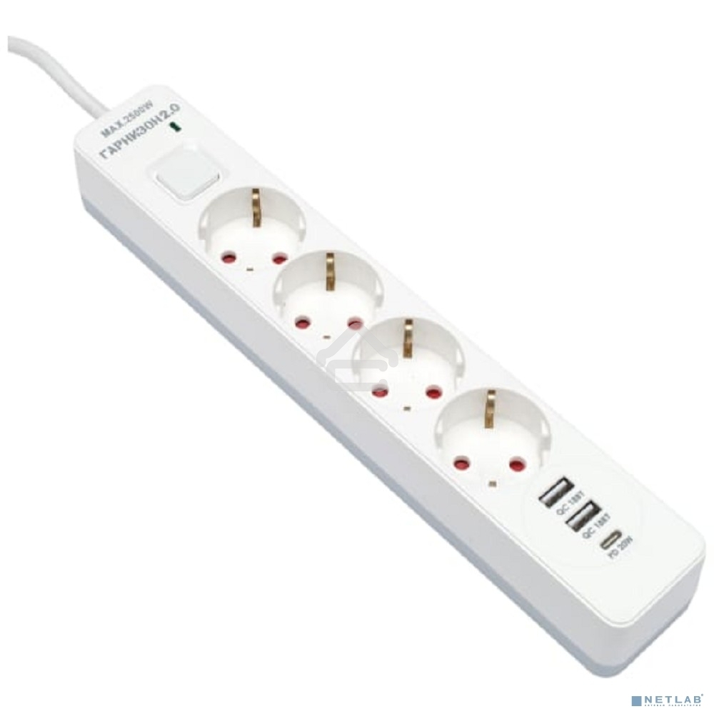 Сетевой фильтр Гарнизон EPS-OP-4-CU2-W-2 2.0 Мультипорт 4 р, 10А, 1xType-C PD, 2 х USB QC, 4 м, ур.защиты 4+, белый, пак (21449)