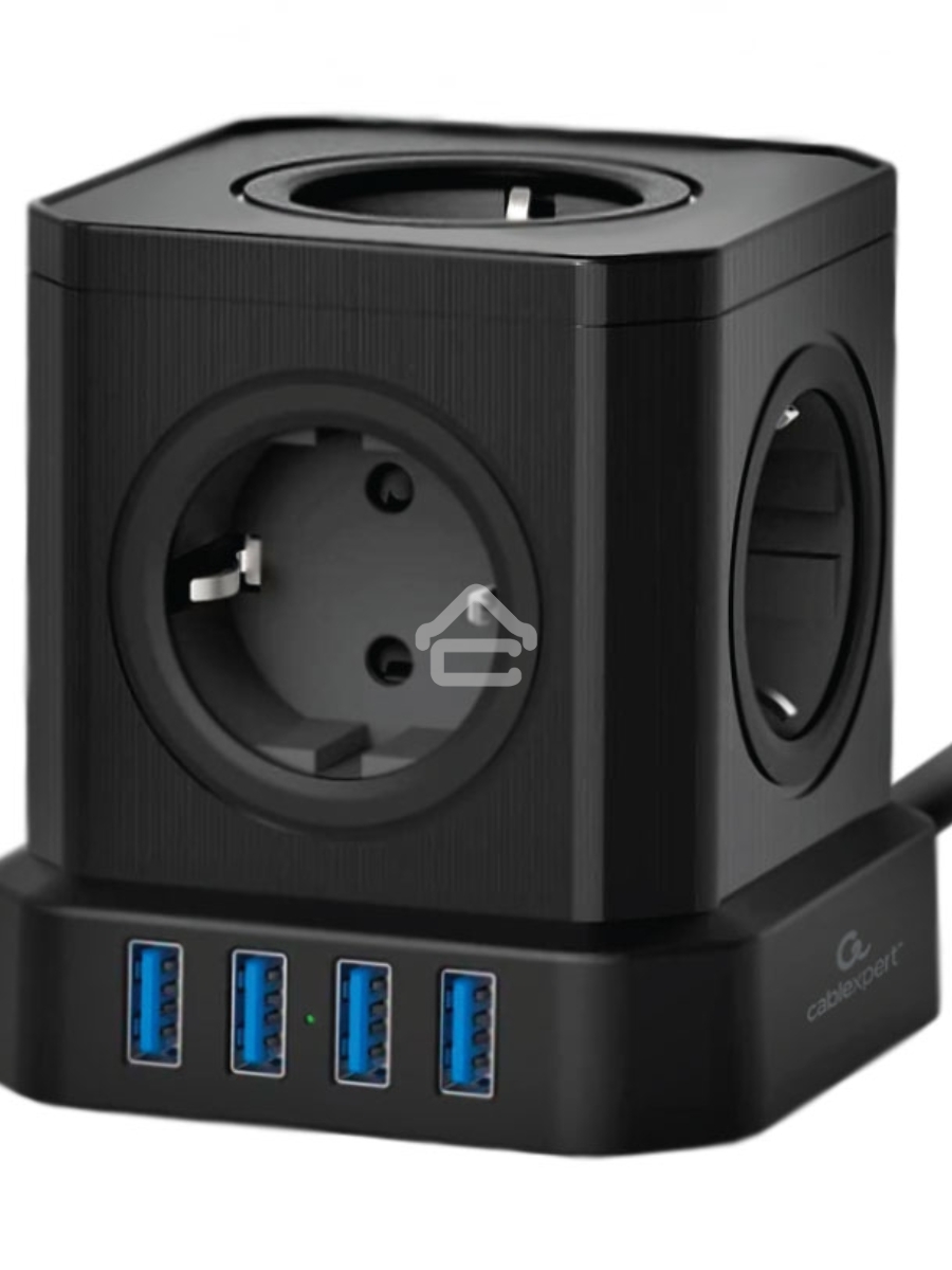 Сетевой фильтр Cablexpert Tower, TWR-5-U4-B-3, 5р, 10А, 4хUSB, 3.1А, 3м, ур.защиты 4+, черный, коробка